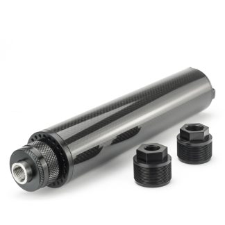 8.85″L 1.85″OD Carbon Fiber Modular Solvent Trap MST 8x Aluminum Cups 1/2×28,5/8×24 with 1/2×28,.578×28.9/16×24,13.5x1LH Booster - Polymer80 Builds